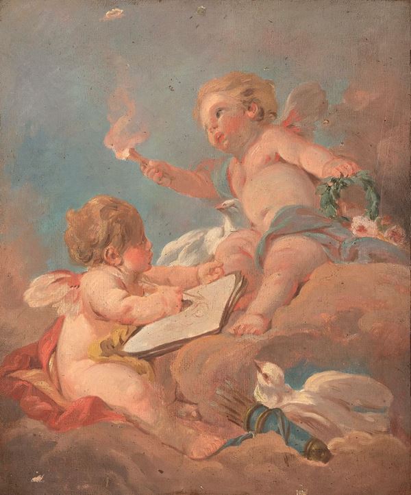 COPPIA DIPINTI AMORINI ALLEGORICI DI PITTORE FRANCESE