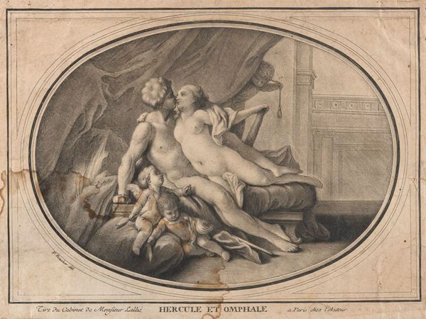 INCISIONE ERCOLE E ONFALE DI INCISORE FRANCESE