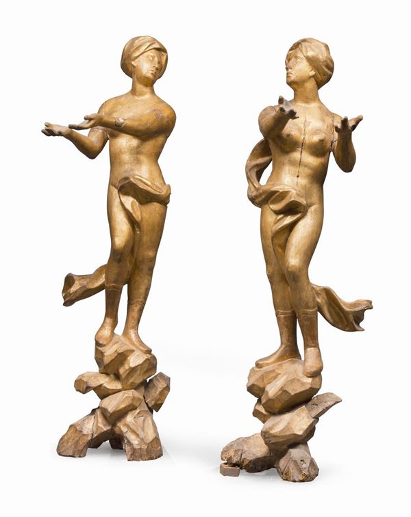 COPPIA DI STATUE DORATE, ITALIA CENTRALE XVII SECOLO