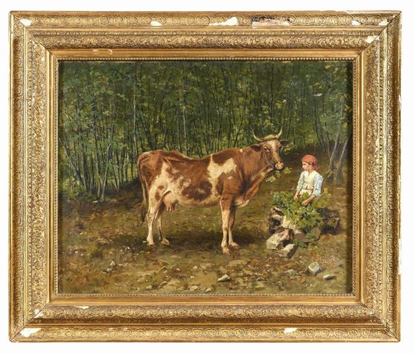 DIPINTO PASTORELLA CON MUCCA NEL BOSCO