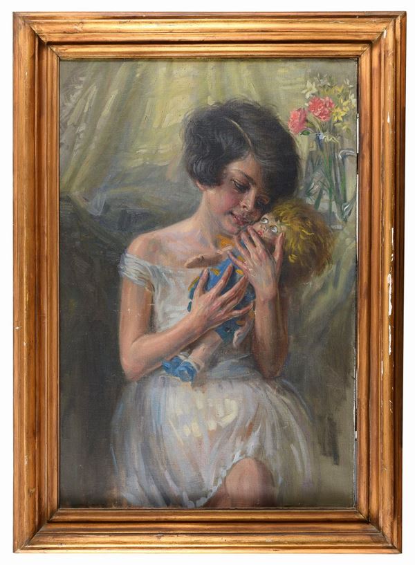 DIPINTO BAMBINA CON BAMBOLA DEL NOVECENTO