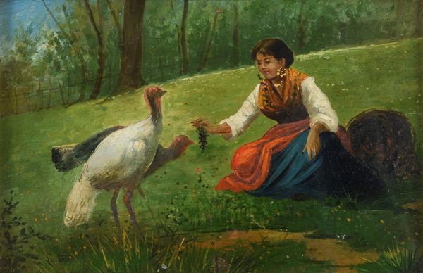 DIPINTO CONTADINA CON PAVONI DI VALERICO LACCETTI