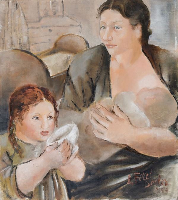 DIPINTO MADRE CON BAMBINI DI LUDMILA FERRI DECLER, 1943