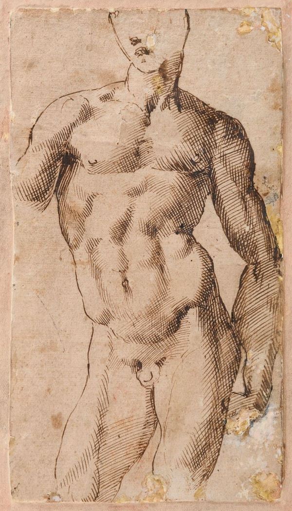 SEPPIA NUDO MASCHILE DELLA CERCHIA DI RAFFAELLO SANZIO