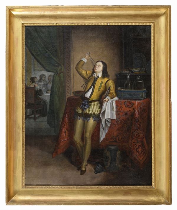 DIPINTO INTERNO CON BEVITORE DEL XIX SECOLO