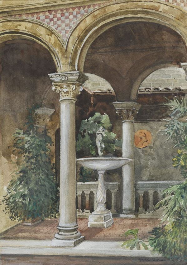 ACQUERELLO FONTANA IN UN PORTICATO DI GABRIELE CARELLI