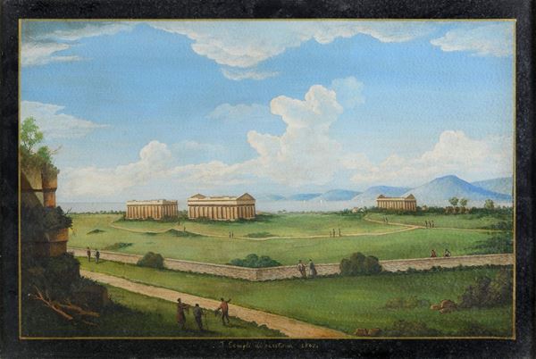 GOUACHE I TEMPLI DI PAESTUM 1846