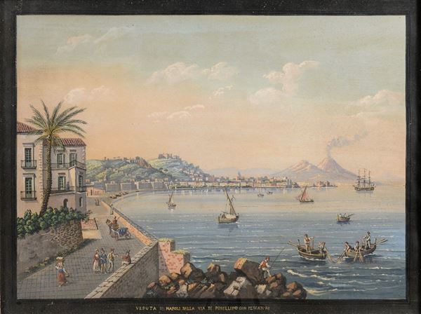 GOUACHE VEDUTA DI NAPOLI DALLA VIA DI POSILLIPO