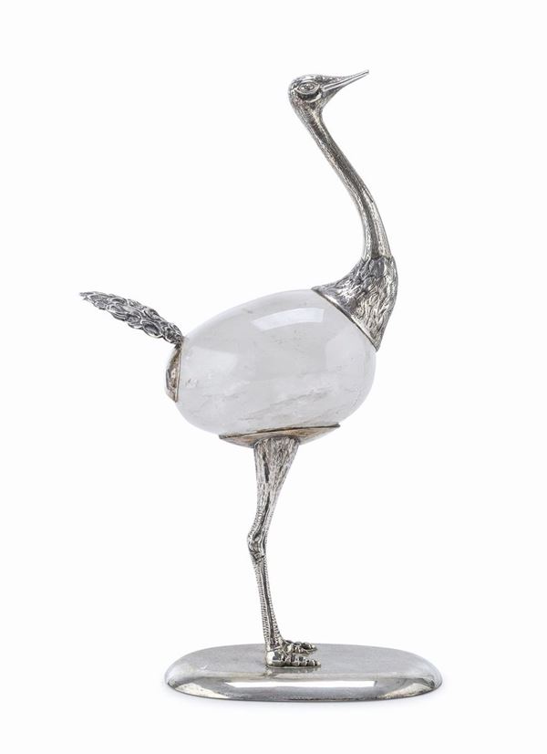 SCULTURA DI STRUZZO IN ARGENTO E CRISTALLO DI ROCCA