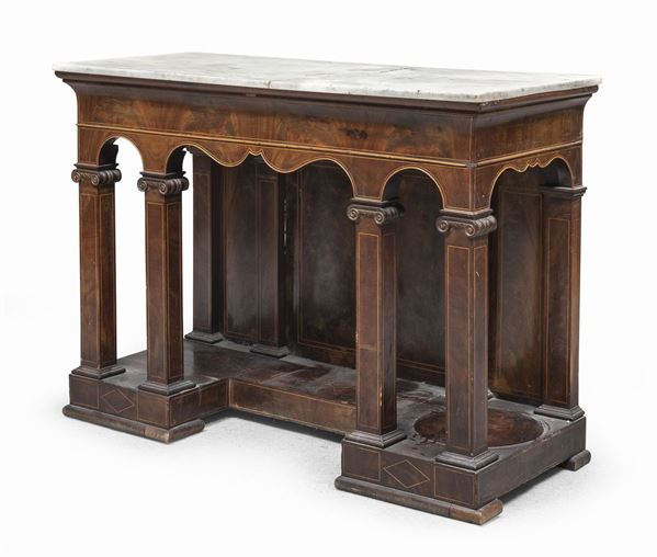 PICCOLA CONSOLE IN PIUMA DI MOGANO, PERIODO CARLO X
