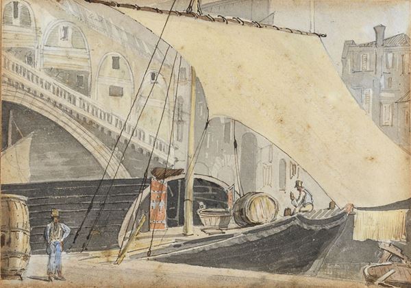 ACQUERELLO BARCAIOLO PRESSO IL PONTE DEL RIALTO