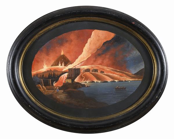 GOUACHE ERUZIONE NOTTURNA PRESSO UN ABITATO