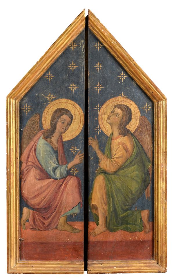 TRITTICO SU TAVOLA DI PITTORE DI MANIERA TRECENTESCA