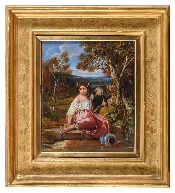 PAESAGGIO CON ACQUAIOLA E CANE DI PITTORE FRANCESE