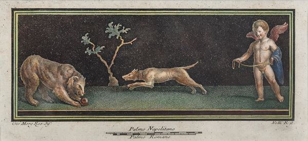 POMPEIANA A TEMPERA SU DELINEATO GENIETTO CON ORSO
