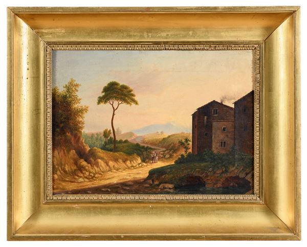 PAESAGGIO CON CONTADINI DI PITTORE ROMANO