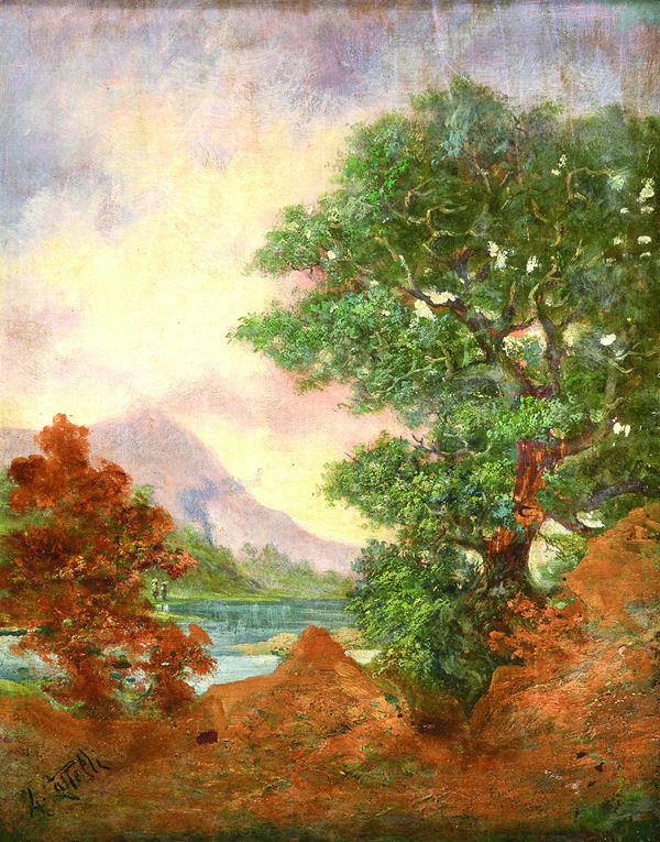 DIPINTO PAESAGGIO LACUSTRE DI ALESSANDRO CASTELLI