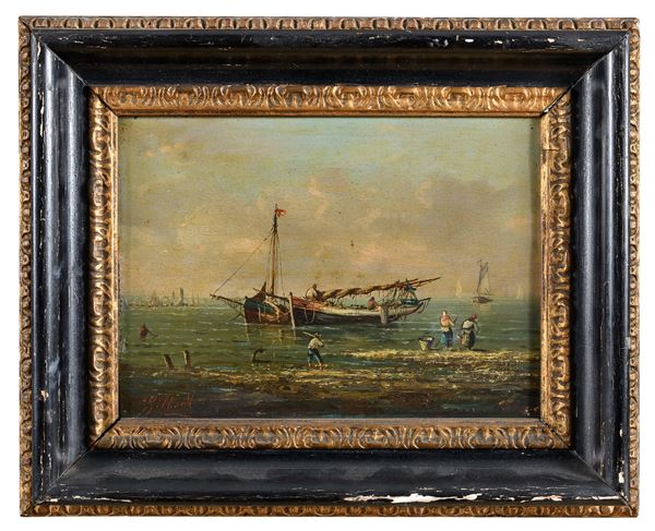 COPPIA DIPINTI PESCATORI DI SCUOLA FRANCESE
