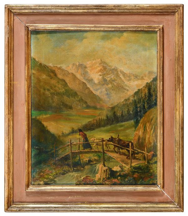 DIPINTO PAESAGGIO MONTANO CON PASTORELLA
