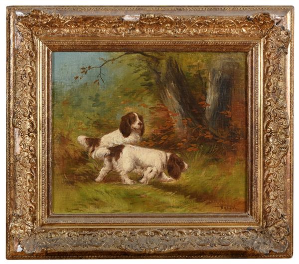 DIPINTO PAESAGGIO CON CUCCIOLI DI SETTER INGLESE