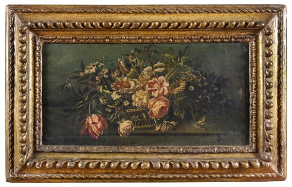 DIPINTO CESTA CON COMPOSIZIONE DI FIORI