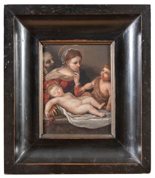 RAME SACRA FAMIGLIA DI PITTORE SENESE DEL XVI SECOLO