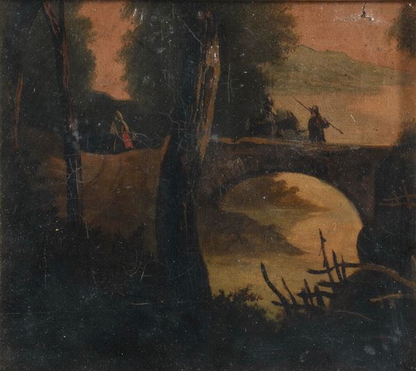PAESAGGIO CON PONTICELLO E VIANDANTI
