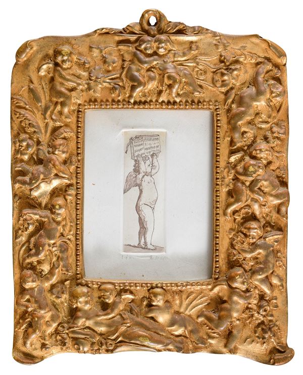 INCISIONE PUTTO CON CORNICE DECORATA