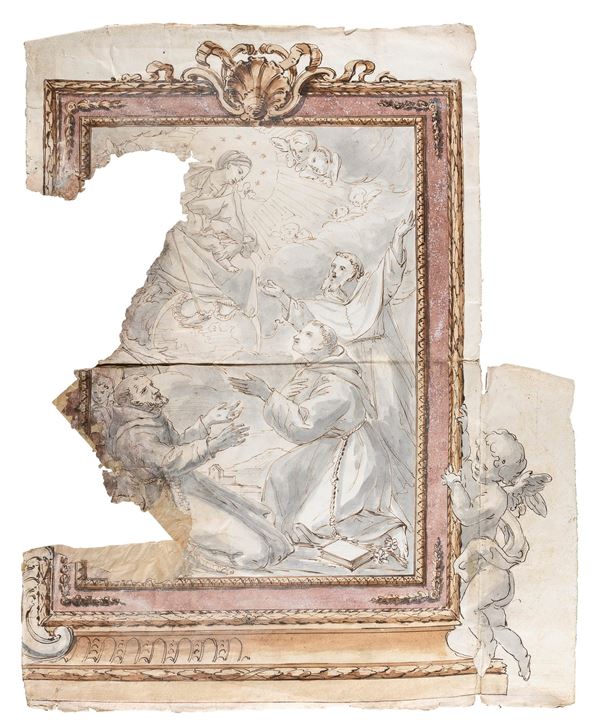 ACQUERELLO ADORAZIONE DELLA VERGINE CON CORNICE