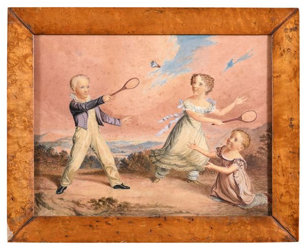 ACQUERELLO GIOCO DEL BADMINTON DI PITTORE INGLESE