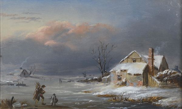 DIPINTO PAESAGGIO INNEVATO DI PITTORE NORDICO