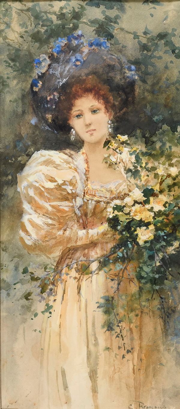 ACQUERELLO FANCIULLA CON ROSE DI CARLO BRANCACCIO