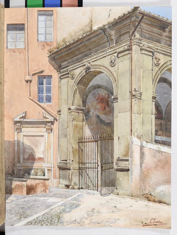 ACQUERELLO ATRIO DI BASILICA ROMANA DI CARLO TADDEI