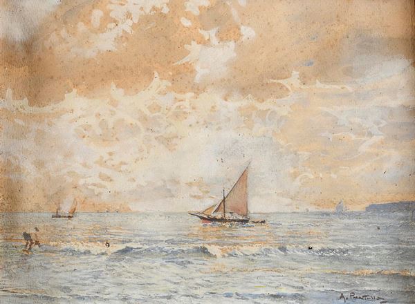 ACQUERELLO MARINA CON BARCHE DI ATTILIO PRATELLA