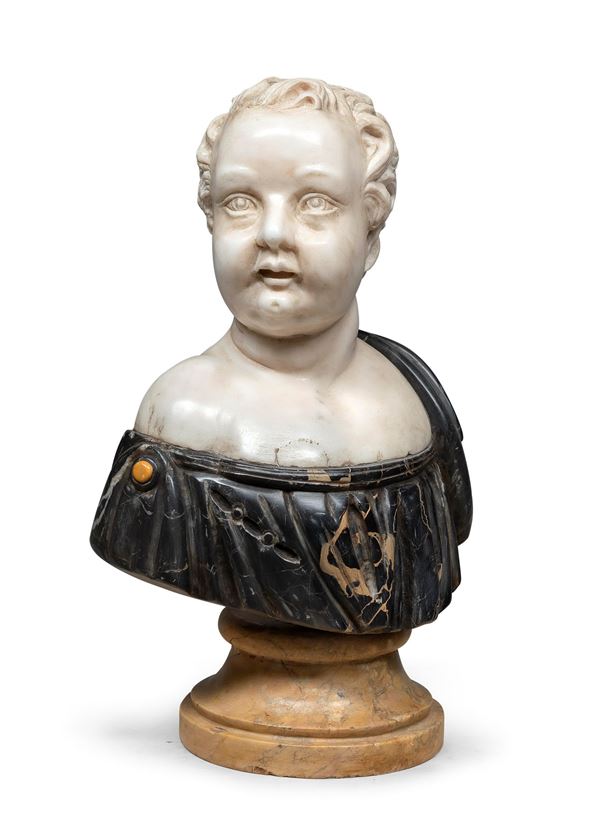 BUSTO DI BAMBINO IN MARMO BIANCO E PORTORO