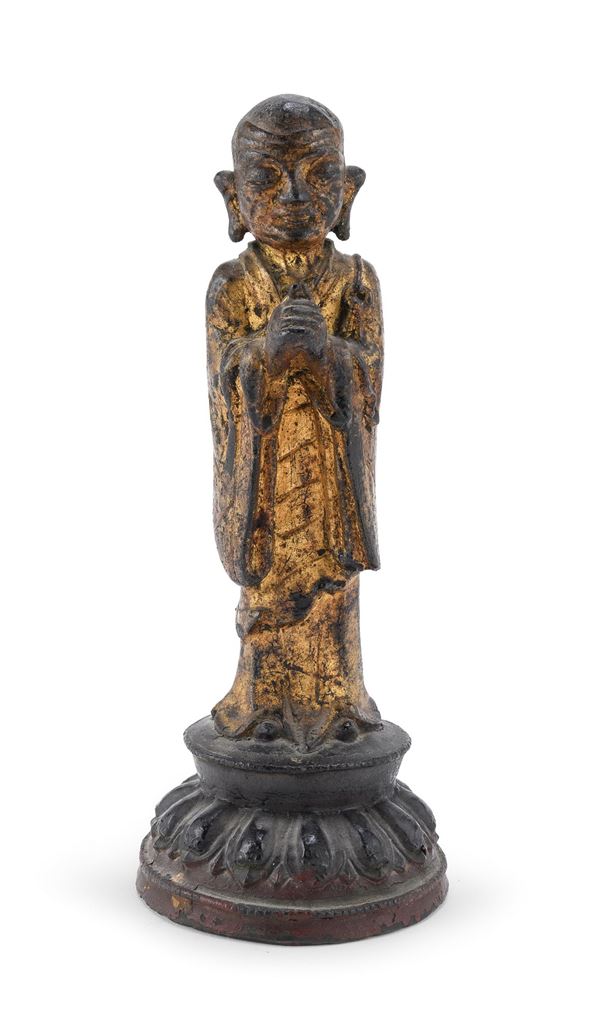 MONACO IN BRONZO LACCATO E DORATO, CINA XIX SECOLO