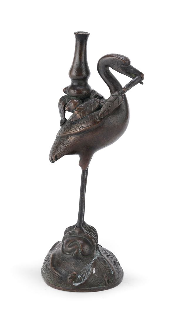 SCULTURA DI GRU IN BRONZO BRUNITO, CINA