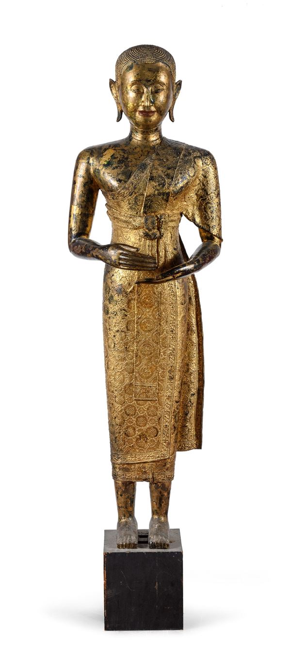 STATUA IN BRONZO A LACCA NERA E ORO, TAILANDIA XIX SECOLO