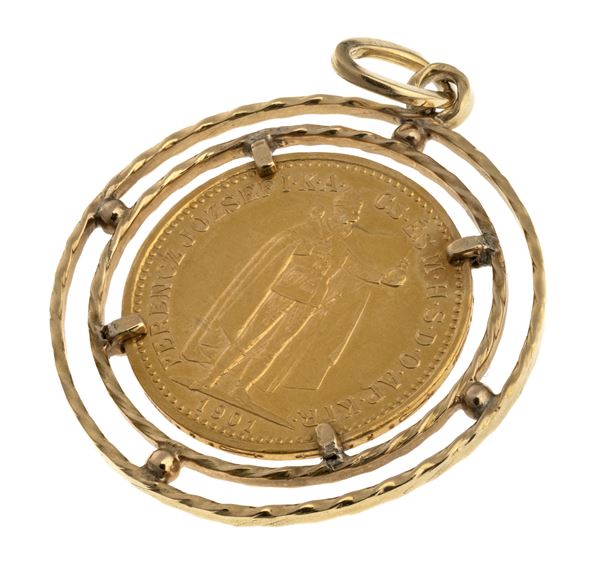 PENDENTE ORO CON MONETA UNGHERESE, 1901