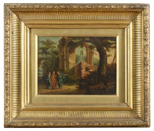 DIPINTO PAESAGGIO CON ROVINE E VIANDANTI DI SCUOLA OLANDESE
