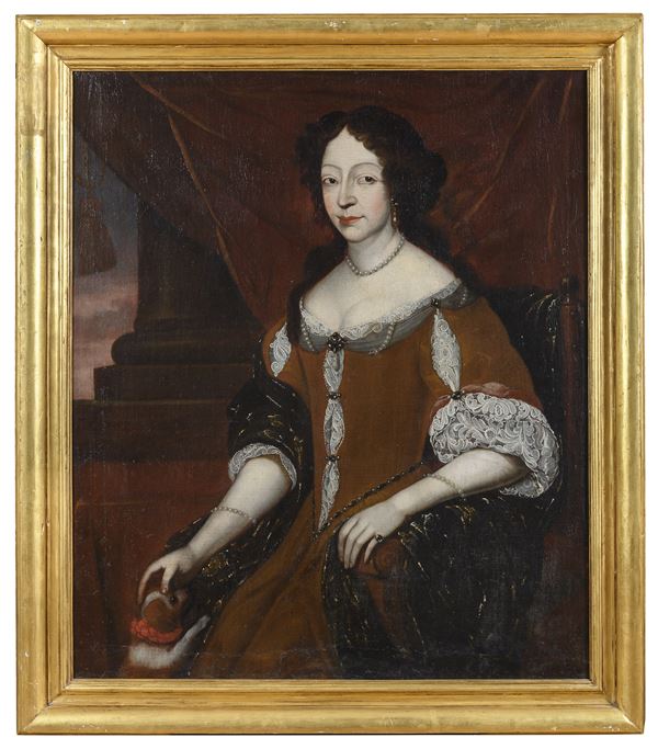 RITRATTO DI NOBILDONNA CON CANE DI PITTORE INGLESE
