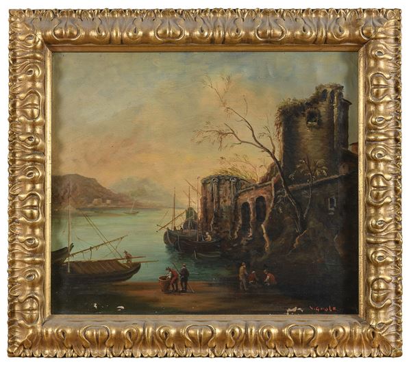 DIPINTO MACCADEMICO VEDUTA DI PORTO CON ROVINE