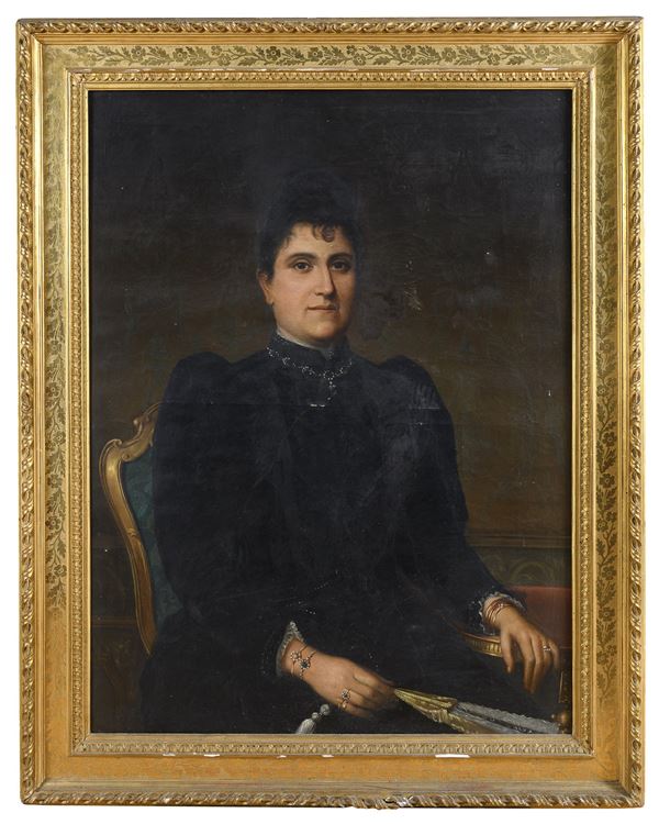 DIPINTO RITRATTO DI DONNA CON GIOIELLI E VENTAGLIO