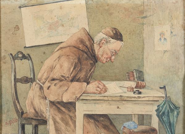 ACQUERELLO FRATE ALLO SCRITTOIO F.TO E. GABBIO