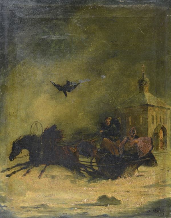 DIPINTO FUGA IN CARROZZA DI PITTORE RUSSO