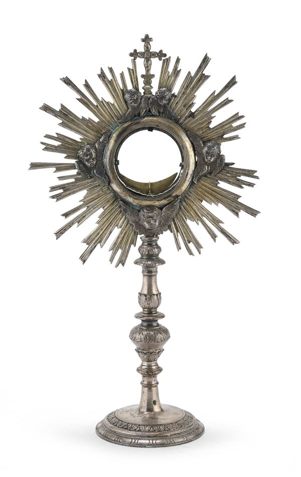 OSTENSORIO IN BRONZO ARGENTATO, FINE XVIII SECOLO