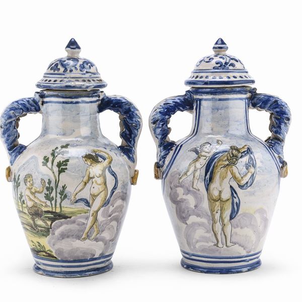 COPPIA DI POTICHES IN MAIOLICA, CASTELLI XVIII SECOLO