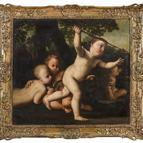 DIPINTO PUTTI CACCIATORI DELLA BOTTEGA DI GIUSEPPE GAMBARINI