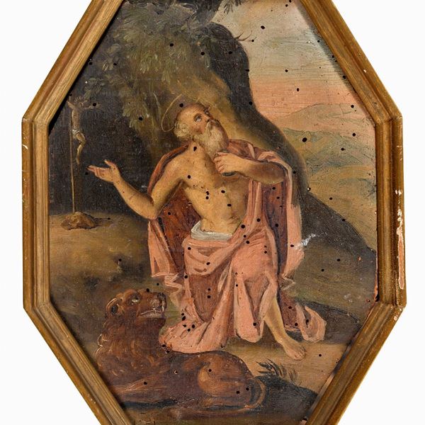 TRE DIPINTI SANTI SUL TAVOLA OTTAGONALE