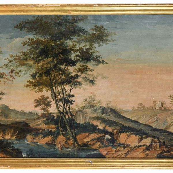DIPINTO PAESAGGIO FLUVIALE CON PESCATORI